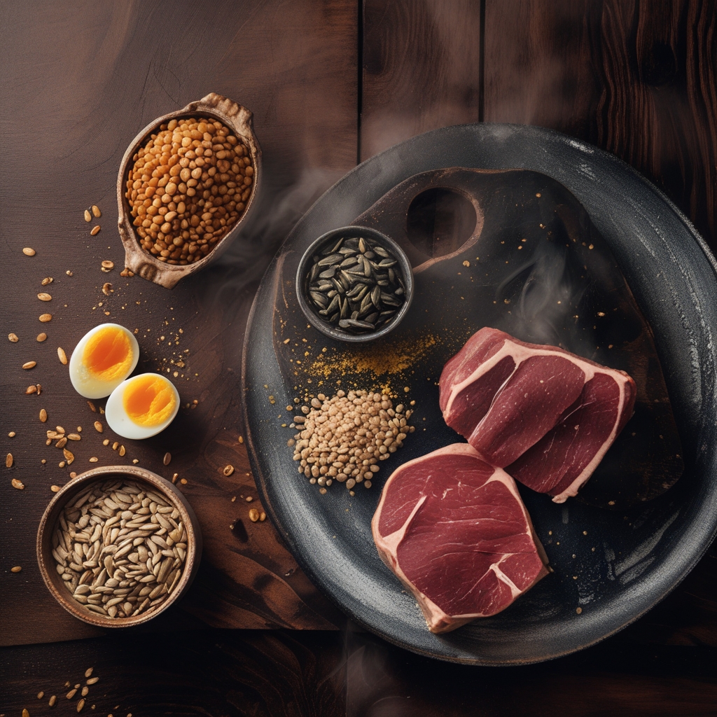 Flat lay of B-vitamin rich whole foods including a halved hard-boiled egg with golden yolk, a portion of cooked lentils, sunflower seeds in a ceramic bowl, dark nutritional yeast flakes, and a cross-section of beef liver on a dark wooden chopping board with warm kitchen lighting