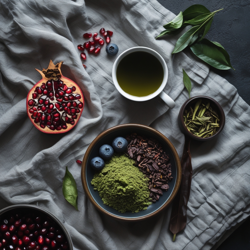 Overhead flat lay of polyphenol-rich foods including dark red pomegranate seeds, a cup of dark green matcha tea, fresh blueberries, raw cacao nibs, and dried green tea leaves on a textured linen cloth with soft natural diffused light